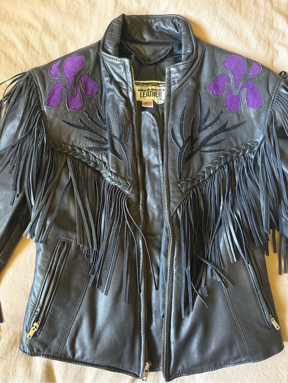 Black Leather Fringe Jacket with Purple Appliqué